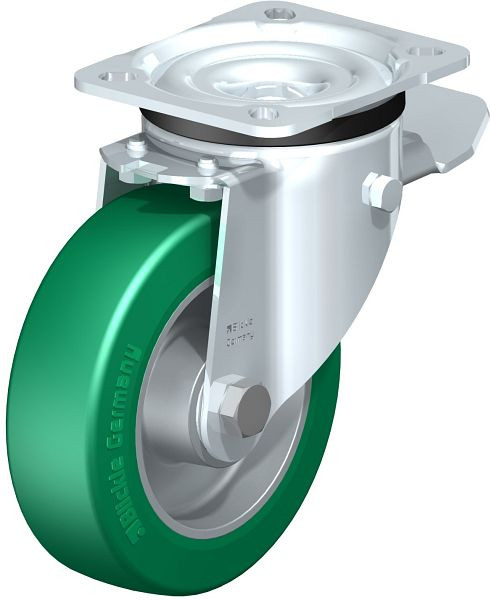 Blickle LK-ALST 125K-1-ST Stahlblech-Lenkrolle, schwere Ausführung, mit Anschraubplatte & Feststeller, Blickle Softhane®, Grün, 629121