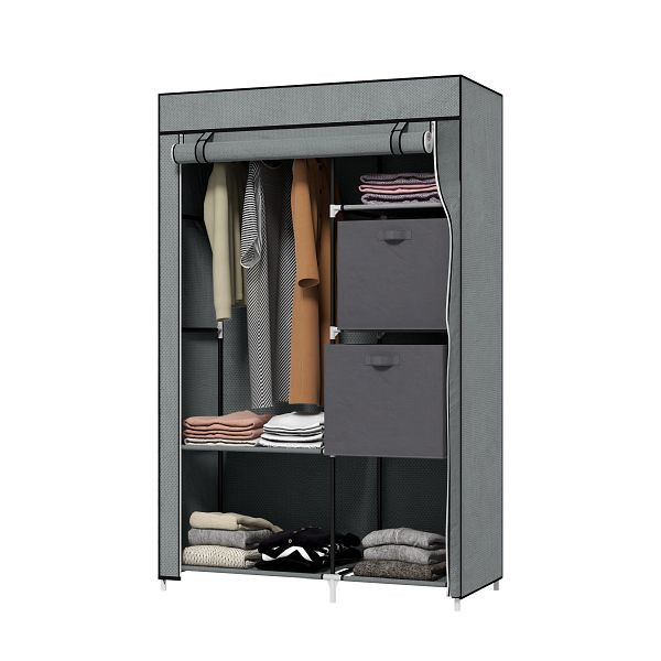 HOMCOM Stoffschrank Kleiderschrank faltbarer Schrank, 1 Kleiderstange, 6 Regalböden, 102 x 42.5 x 162.5 cm, Grau, 850-288V00CG