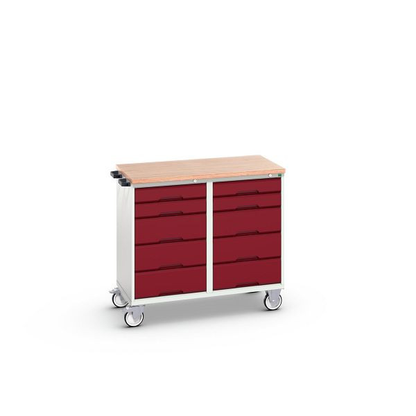 bott verso Montagewagen, mit 10 Schubladen und Multiplex-Top, BxTxH: 1050 x 600 x 980 mm, Lichtgrau / Purpurrot, 16927101.24