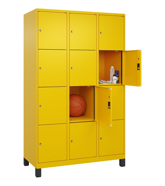 C+P Schließfachschrank Evolo PLUS, mit Füßen, 12 Fächer, 1950x1200x500mm, 1023/1023 Verkehrsgelb, Abteile 3, Abteilbreite 400 mm, 049010-324 S10022