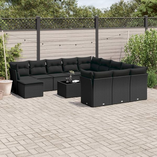 vidaXL 13-tlg. Garten-Sofagarnitur mit Kissen Schwarz Poly Rattan, 3250474