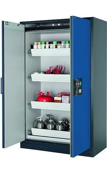 asecos Sicherheitsschrank Q-CLASSIC-90, Q90.195.120 in enzianblau RAL 5010 mit 4x Auszugswanne Standard (Stahlblech), 30001-047-30015