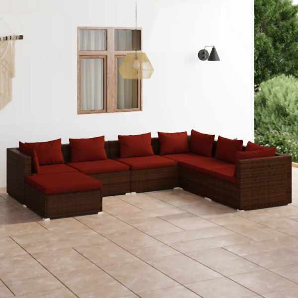 vidaXL 7-tlg. Garten-Lounge-Set mit Kissen Poly Rattan Braun, 3101835