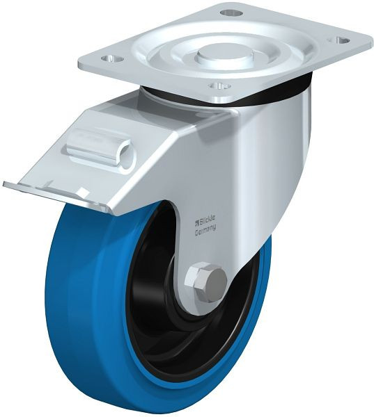 Blickle L-POEV 160KD-FI-SB Stahlblech-Lenkrolle, mittelschwere Ausführung, mit Anschraubplatte & Feststeller, Elastik-Vollgummi, Blau, 749359
