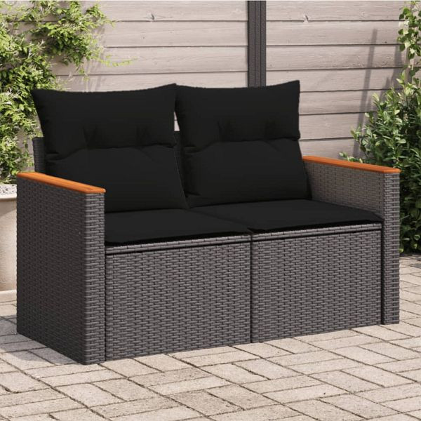 vidaXL Gartensofa mit Kissen 2-Sitzer Schwarz Poly Rattan, 365977