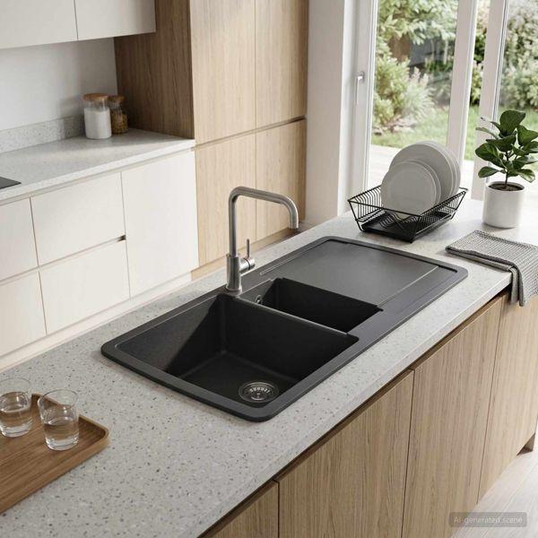 vidaXL Küchenwaschbecken Doppelbecken Granit 96 x 50 x 31 cm Graphit, 42053753