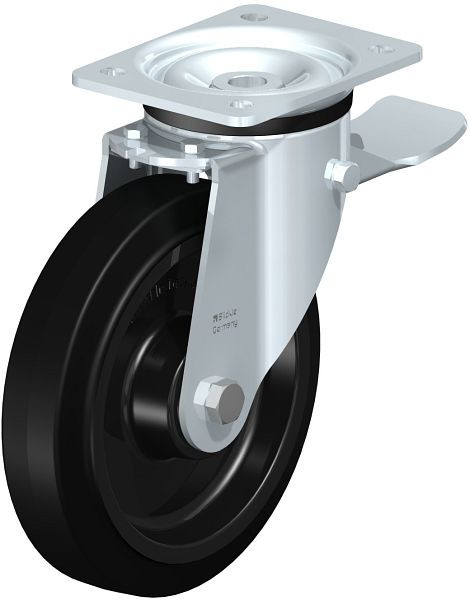 Blickle LK-POEV 200XKA-ST Stahlblech-Lenkrolle, schwere Ausführung, mit Anschraubplatte & Feststeller, Elastik-Vollgummi, Schwarz, 851357