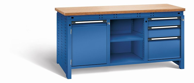 Otto Kind Werkbank Serie function Typ 307, Multiplexplatte 40 mm, bündig, 2x Unterbau + mittleres Feld, komplett RAL 5010, 072362113
