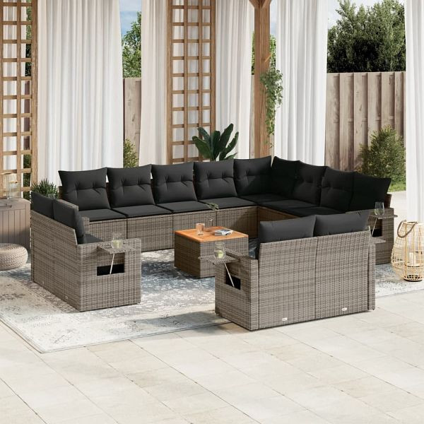vidaXL 13-teilig Garten-Sofagarnitur mit Kissen Grau Poly Rattan, 3257166