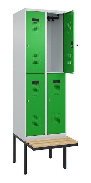 C+P Doppelstock-Spind Evolo PLUS, Bank, 4 Fächer, 2120x600x815mm, 7035/6037, Zylinderschloss, Sitzfläche Buche-Hartholz, 0493407-20 S10038