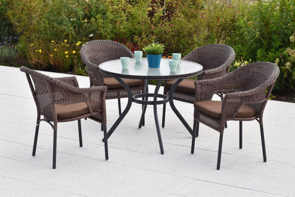 Merxx Ravenna Set 9-teilig, 4 Stapelsessel, 4 Sitzkissen, braun, 1 Tisch Ø 100 cm, matte Glasplatte mit Geflechtrand, Graphit/Schoko, 50936-310