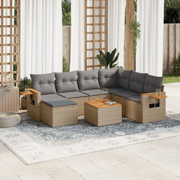 vidaXL 8-teilig Garten-Sofagarnitur mit Kissen Beige Poly Rattan, 3259455