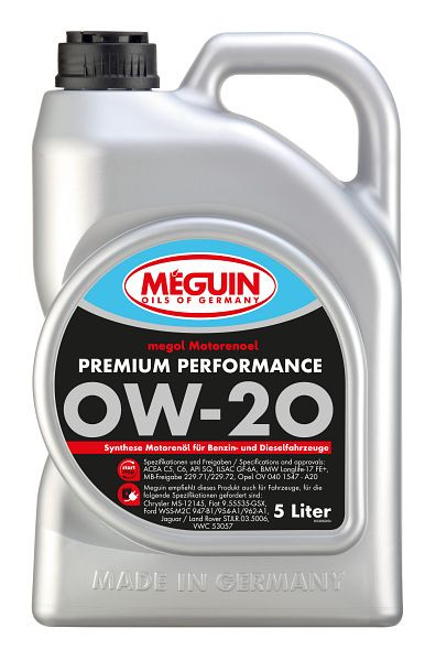Meguin megol Motorenöl Premium Performance SAE 0W-20, Kanister Kunststoff, VE: 5 Liter, 33069