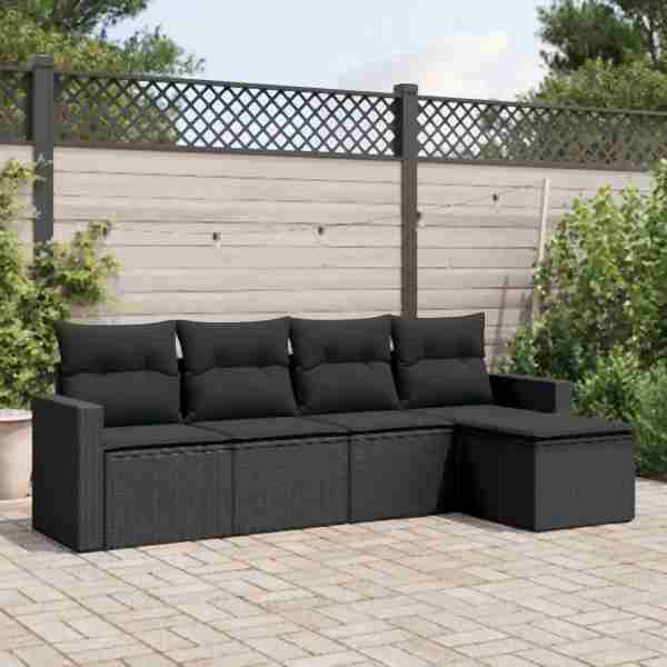 vidaXL 5-tlg. Garten-Sofagarnitur mit Kissen Schwarz Poly Rattan, UV-beständig, 3218875
