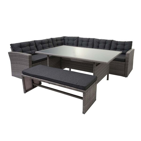 Mendler Poly-Rattan-Garnitur HWC-A29, Gartengarnitur Sitzgruppe Lounge-Esstisch-Set Sofa, grau, Kissen grau + Bank, 76638+76639