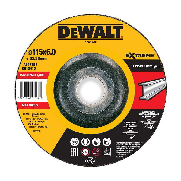 DeWalt EXTREME Schruppscheibe 115x6x22,23 mm Metall Typ 42 (gekröpft), VE: 10 Stück, DX7921-AE