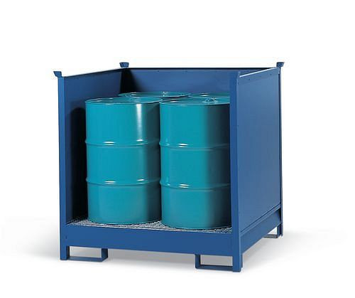 DENIOS Gefahrstoffstation 4 P2-O aus Stahl, lackiert, für 4 Fässer à 200 Liter, 3 Wände, stapelbar, 114614