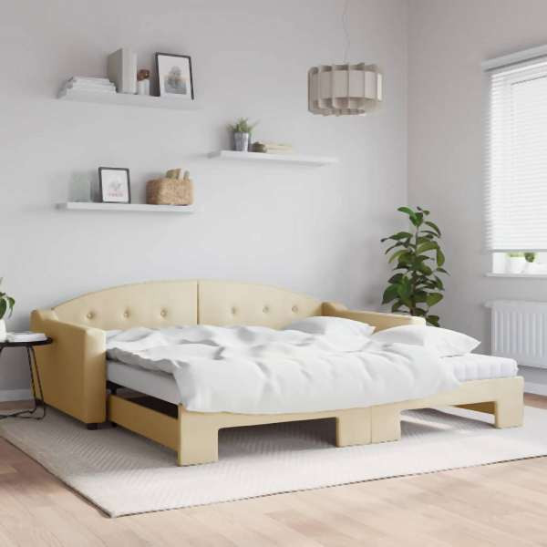 vidaXL Tagesbett Ausziehbar mit Matratzen Creme 100x200 cm Stoff, 3197557