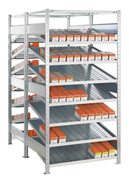 Schulte Anbauregal, Doppel-Kanbanregal MULTIplus150, 2000 x 1000 x 2x800 mm, verzinkt, 2x(7+1) Fachböden, mit Trenn- und Seitenführungen, 13653