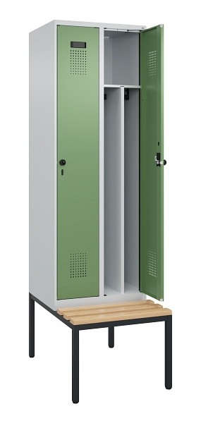 C+P Spind Evolo PLUS, 2 Abteile, 2120x600x815mm, 7035/6011, Drehriegel, Sitzfläche Buche-Hartholz, Sitzbank, 0490507-20F S10010