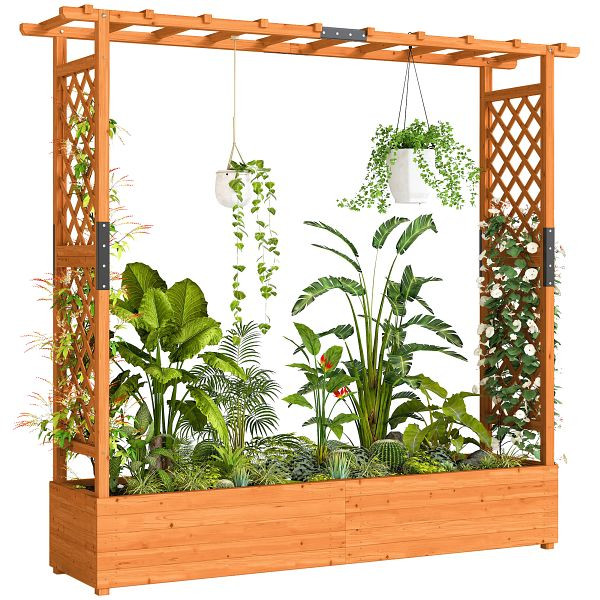 Outsunny Hochbeet mit Rankengitter und Dach, für Blumen, Obst, Gemüse, Kräuter, 196 x 44 x 181 cm, Holz, Orange, 84H-479V00OG