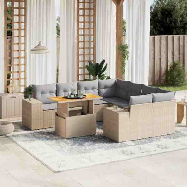 vidaXL 9-tlg. Garten-Sofagarnitur mit Kissen Beige Poly Rattan, UV-beständig, 3272564