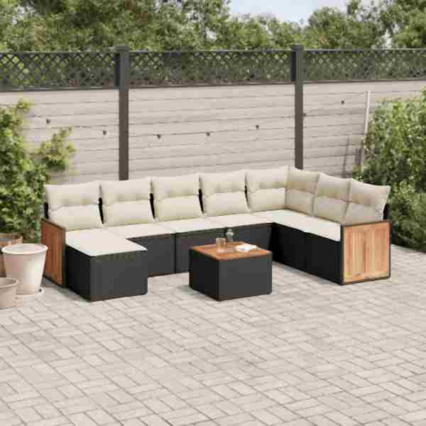 vidaXL 9-tlg. Garten-Sofagarnitur mit Kissen Schwarz Poly Rattan, UV-beständig, 3260334