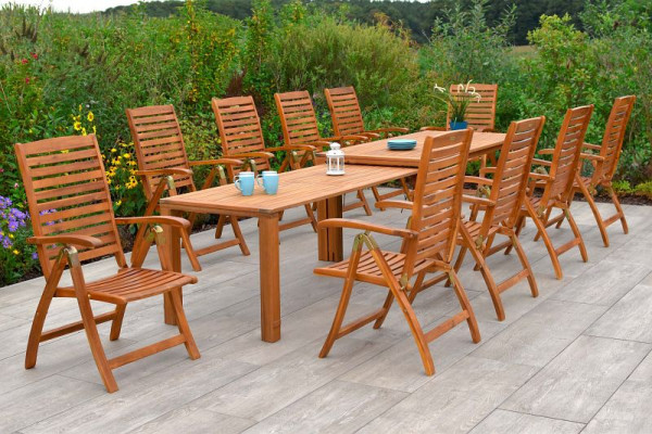 Merxx Paraiba Set 11-teilig, 10 Paraiba Klappsessel, Rückenlehne 5-fach verstellbar, 1 Flex Ausziehtisch 185/370 x 90/73 cm, FSC Akazinholz, 50557-011
