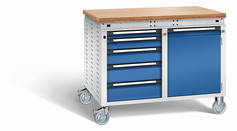 Otto Kind Werkbank Serie function Typ 253 fahrbar, Multiplexplatte 40 mm, bündig, 2x Unterbau, Gehäuse RAL 7035, Front RAL 5010, 072384186