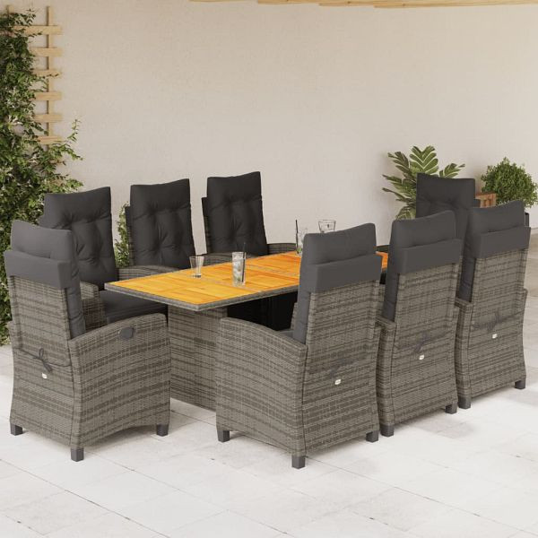 vidaXL 9-teilig Garten-Essgruppe mit Kissen Grau Poly Rattan, 3212939