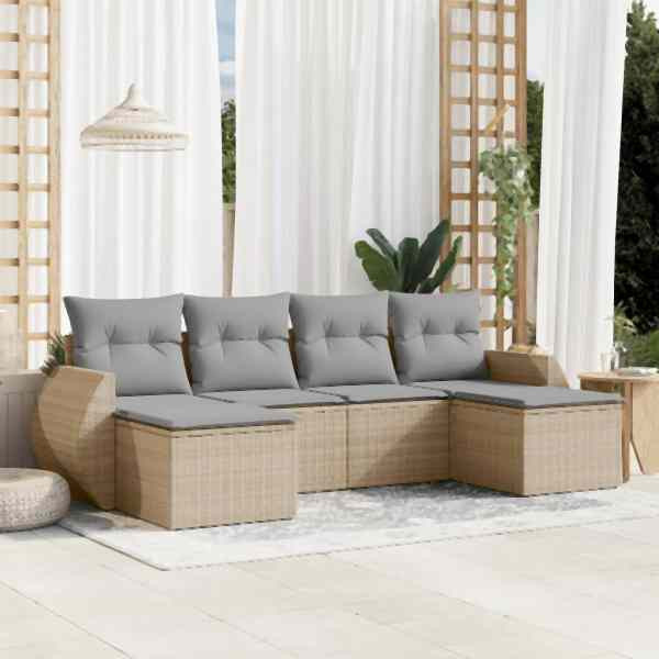 vidaXL 6-tlg. Garten-Sofagarnitur mit Kissen Beige Poly Rattan, UV-beständig, 3254056