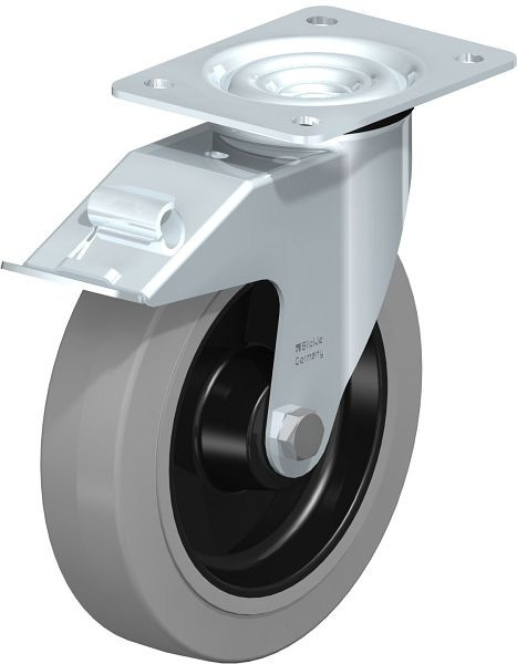 Blickle LE-POEV 200R-FI-SG Stahlblech-Lenkrolle mit Anschraubplatte & Feststeller, Elastik-Vollgummi, Grau, 387555