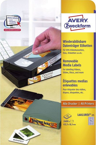 AVERY Zweckform L6022REV-25 Etiketten für Data Cartridge, wiederablösbar, 63,5 x 8,5 mm, 25 Blatt/2.400 Etiketten, weiß, L6022REV-25