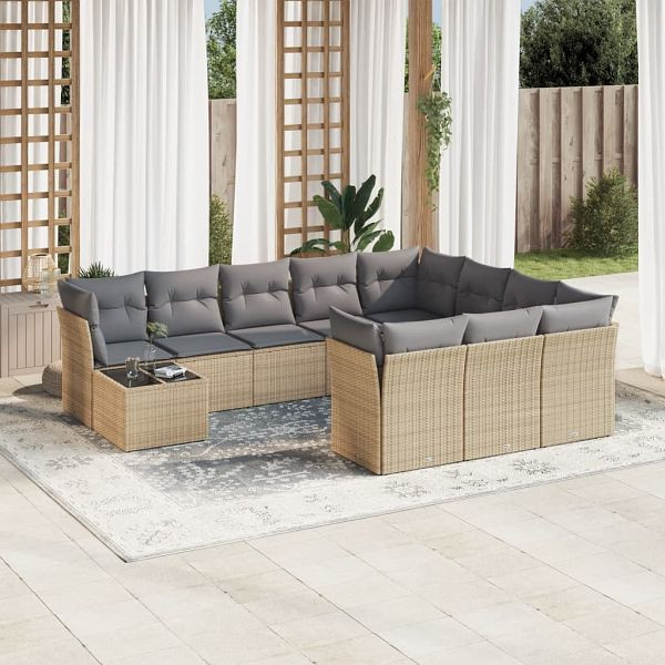 vidaXL 11-teilig Garten-Sofagarnitur mit Kissen Beige Poly Rattan, 3218259