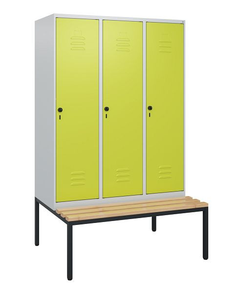 C+P Umkleidespind Classic PLUS, mit untergebauter Sitzbank, 3 Abteile, 1950x1200x815mm, 7035/0024, Drehriegel, Buche-Sitzleisten, 0800505-32 S10010