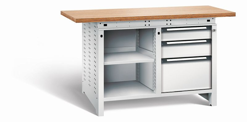 Otto Kind Werkbank Serie function Typ 212, Multiplexplatte, überstehend, 2x Unterbau, 1x Zentralverschluss, komplett RAL 7035, 072342217