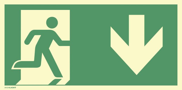 Moedel Notausgang rechts Pfeil unten, ISO 7010, Aluminium, nachleuchtend, 160-mcd, 594x297 mm, 101164