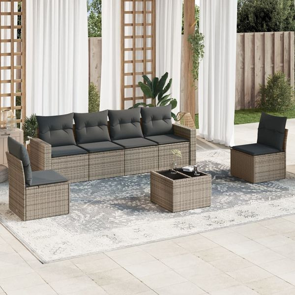vidaXL 7-tlg. Garten-Sofagarnitur mit Kissen Grau Poly Rattan, 3218810
