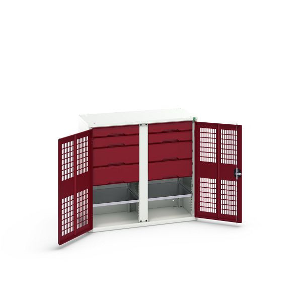 bott verso Garderobenschrank mit Belüftung mit 2 Fachböden, 8 Schubladen, 4x100mm/4x175mm, Trennwand, Lichtgrau/Purpurrot, 16926765.24