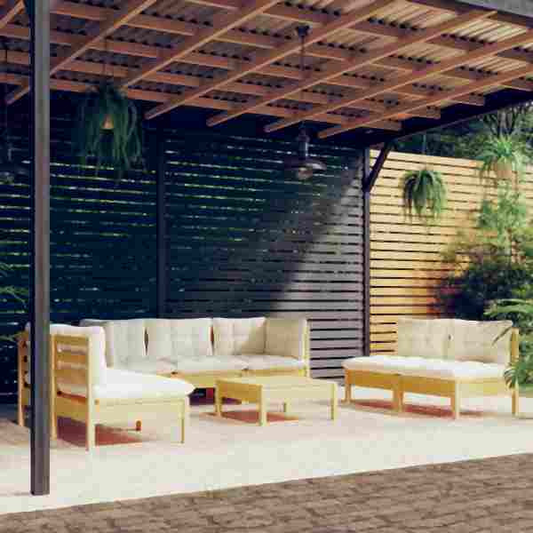 vidaXL 8-tlg. Garten-Lounge-Set mit Creme Kissen Massivholz Kiefer, 3096226