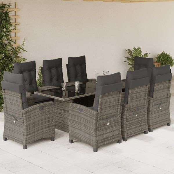 vidaXL 9-teilig Garten-Essgruppe mit Kissen Grau Poly Rattan, 3212691