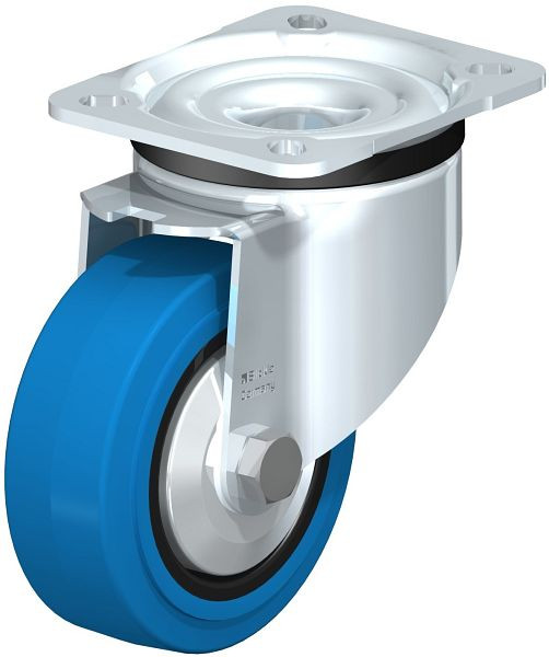 Blickle LK-POEV 100KD-1-SB-FA Stahlblech-Lenkrolle, schwere Ausführung, mit Anschraubplatte, Elastik-Vollgummi, Blau, 850970