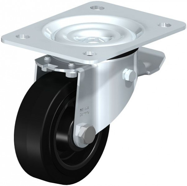 Blickle LK-POEV 100XR-3-ST Stahlblech-Lenkrolle, schwere Ausführung, mit Anschraubplatte & Feststeller, Elastik-Vollgummi, Schwarz, 850985