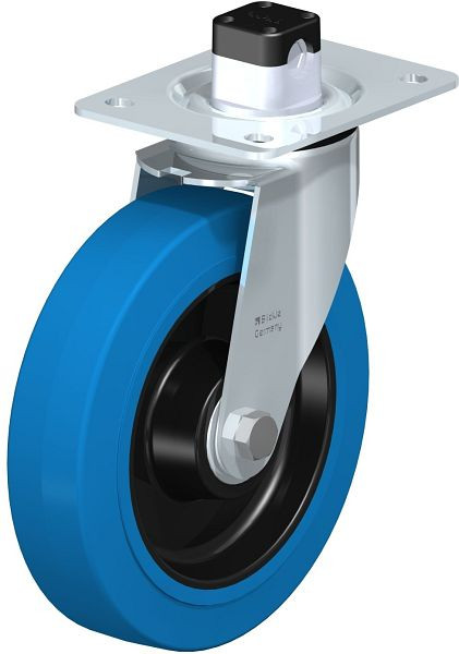 Blickle LE-POEV 200K-CS11-SB Stahlblech-Lenkrolle mit Anschraubplatte & Zentralfeststeller, Elastik-Vollgummi, Blau, 850347
