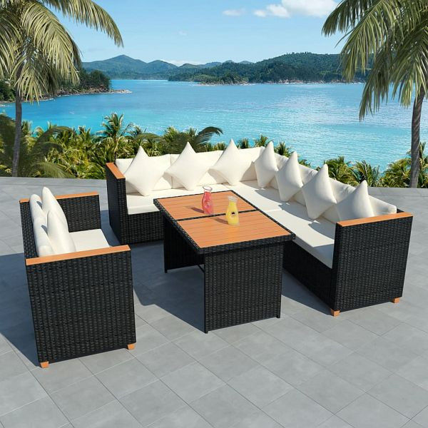 vidaXL 5-teilig Garten-Lounge-Set mit Auflagen Poly Rattan Schwarz, 43002