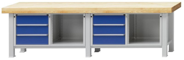 ANKE Werkbänke Schwerlastwerkbank; 3000 x 800 x 900 mm; RAL 7035/5010; Buche-Massiv-Platte 100 mm; Links 3 Schubladen 180 mm; Rechts offenes Fach, 320.201