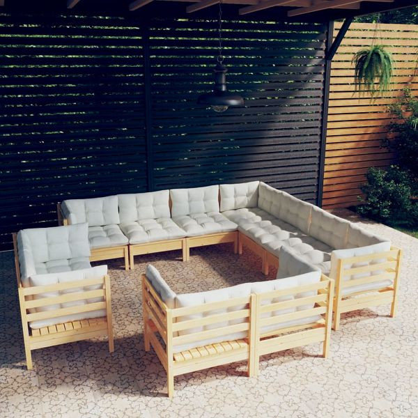 vidaXL 11-teilig Garten-Lounge-Set mit Creme Kissen Massivholz Kiefer, 3096935