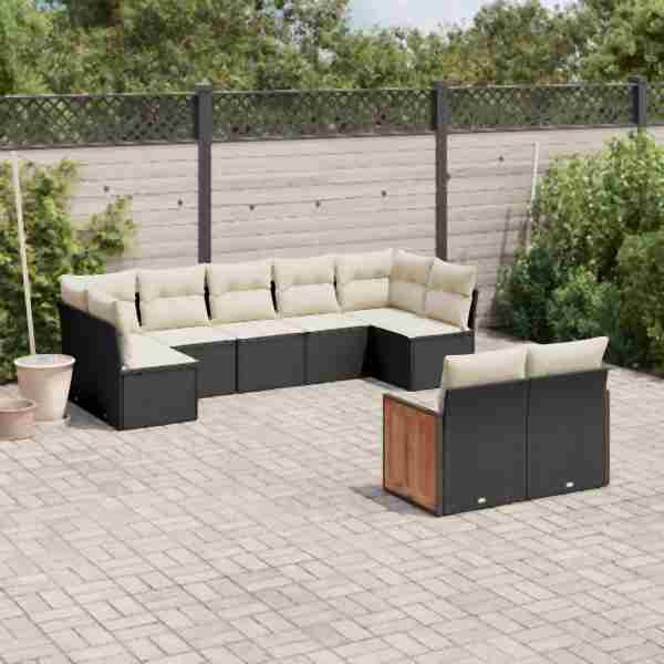 vidaXL 9-tlg. Garten-Sofagarnitur mit Kissen Schwarz Poly Rattan, UV-beständig, 3260369