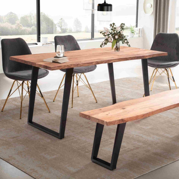 Wohnling Esszimmertisch 140x80x76 cm Akazie Massivholz/Metall Esstisch Baumkante, Küchentisch mit U-Beinen in Schwarz, Holztisch Rechteckig, WL7.257