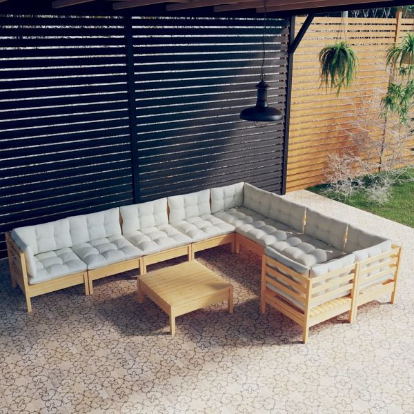 vidaXL 10-teilig Garten-Lounge-Set mit Creme Kissen Kiefernholz, 3096989